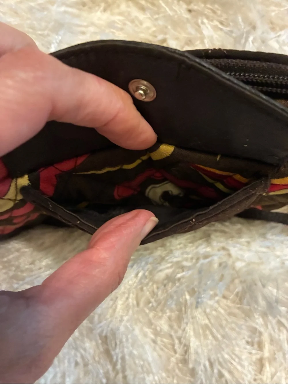 Vera Bradley Espresso Quilted Wristlet with Pink, Red & Yellow Floral Panels